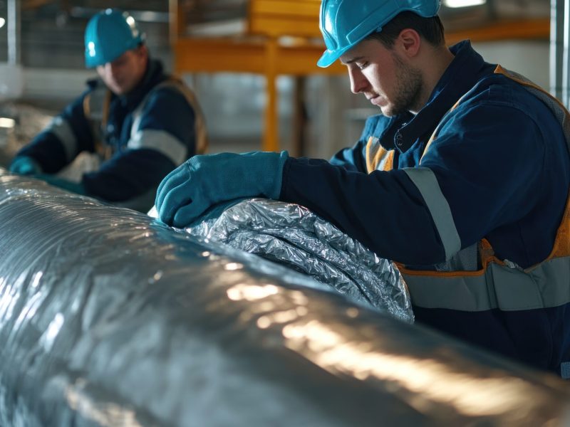 An installation scene where workers are fitting insulation around steel pipes in an industrial setting
